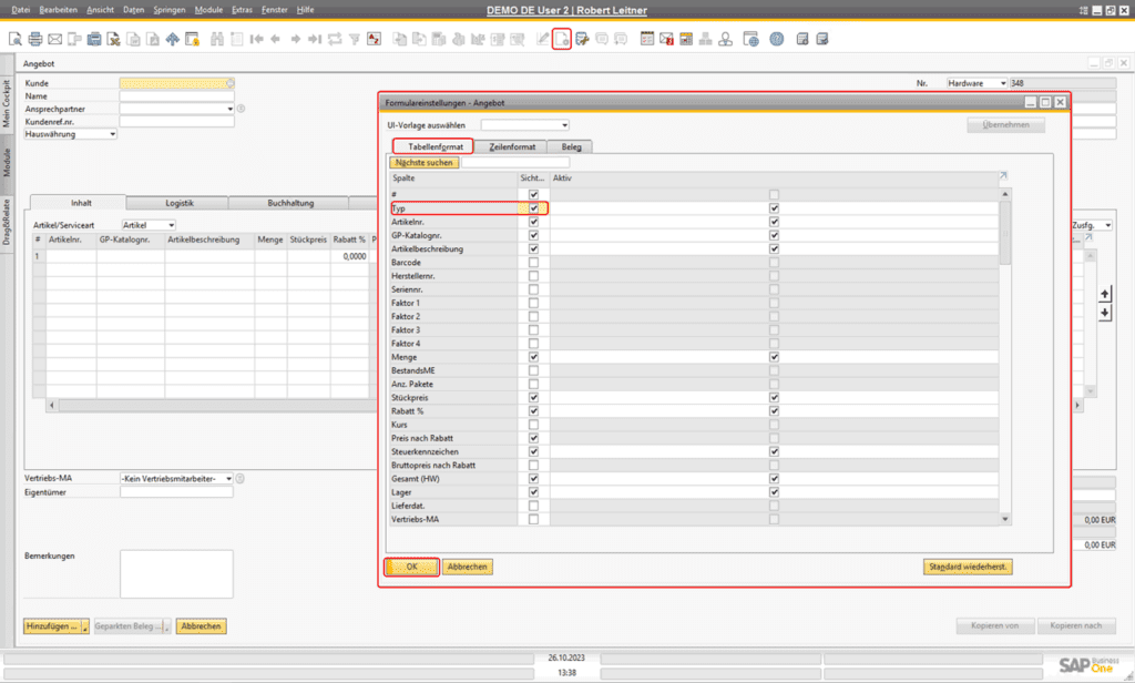 SAP Business One - Alternative Zeilentypen in den Formulareinstellungen