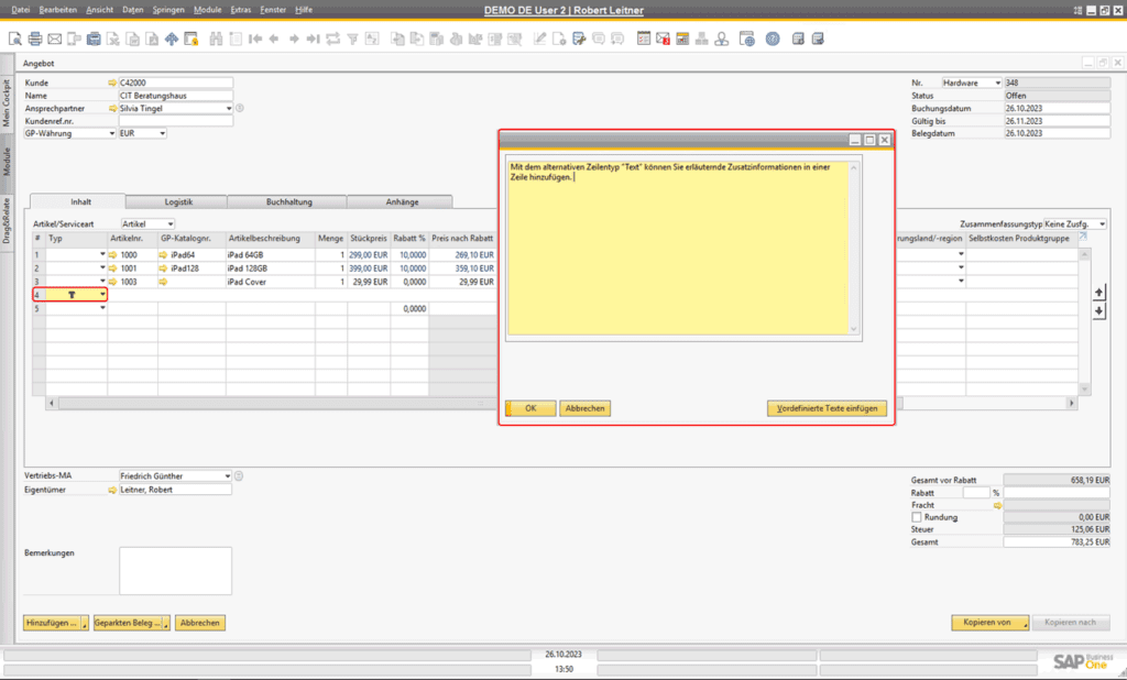 SAP Business One - Alternative Zeilentypen: Text