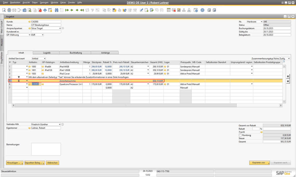SAP Business One - Alternative Zeilentypen: Zwischensumme