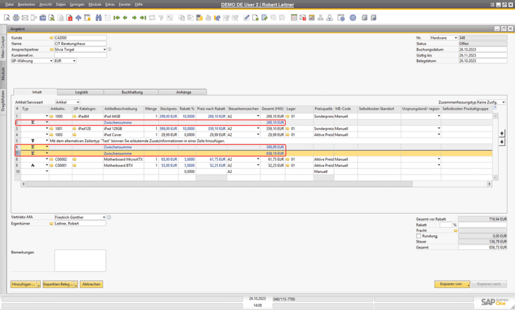 SAP_Business_One_Grundlagen_7_6_Alternative_Zeilentypen_Zwischensummen Stapeln