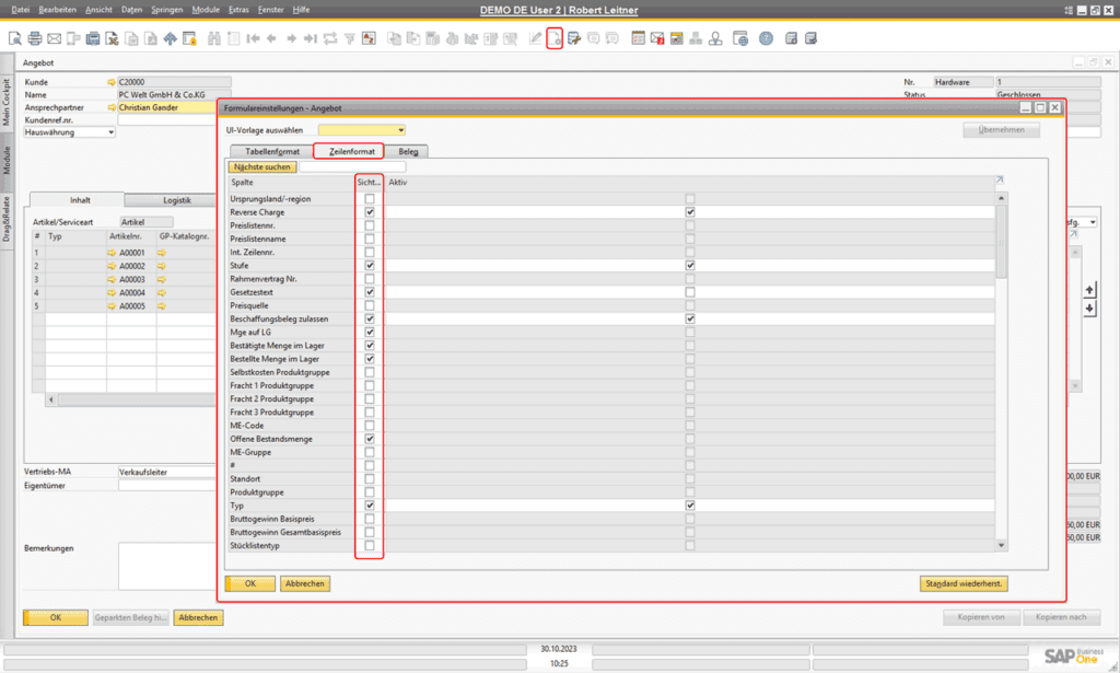 Zeilendetails und Zeilenformat in Ein- und Verkaufsbelegen in SAP Business One