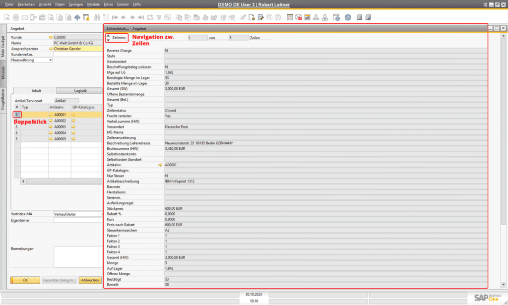 Zeilendetails in Ein- und Verkaufsbelegen in SAP Business One
