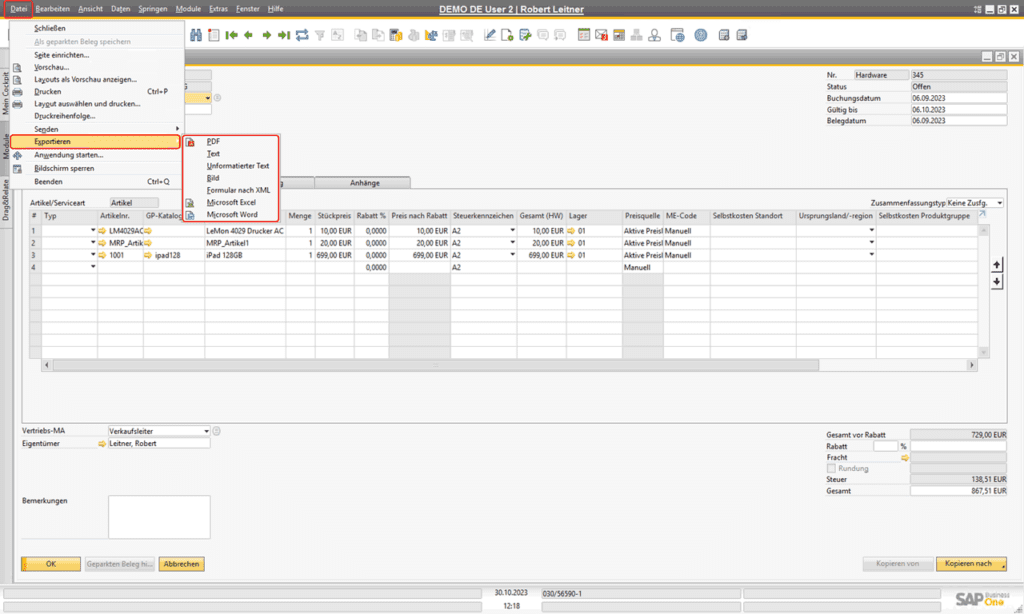 Belege exportieren in SAP Business One