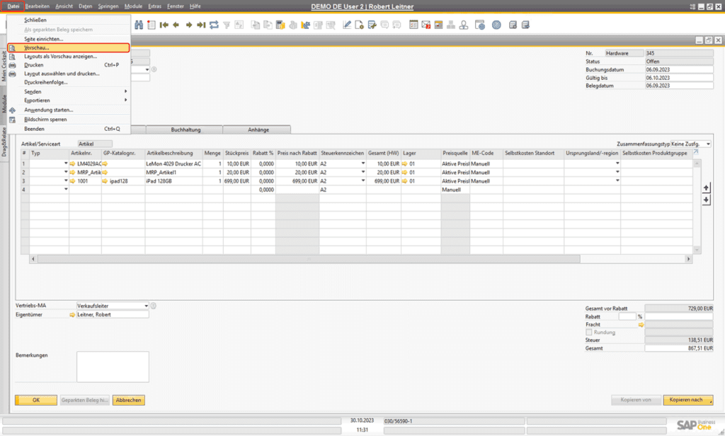 SAP Business One - Ausgabemöglichkeiten eines Belegs: Seitenvorschau