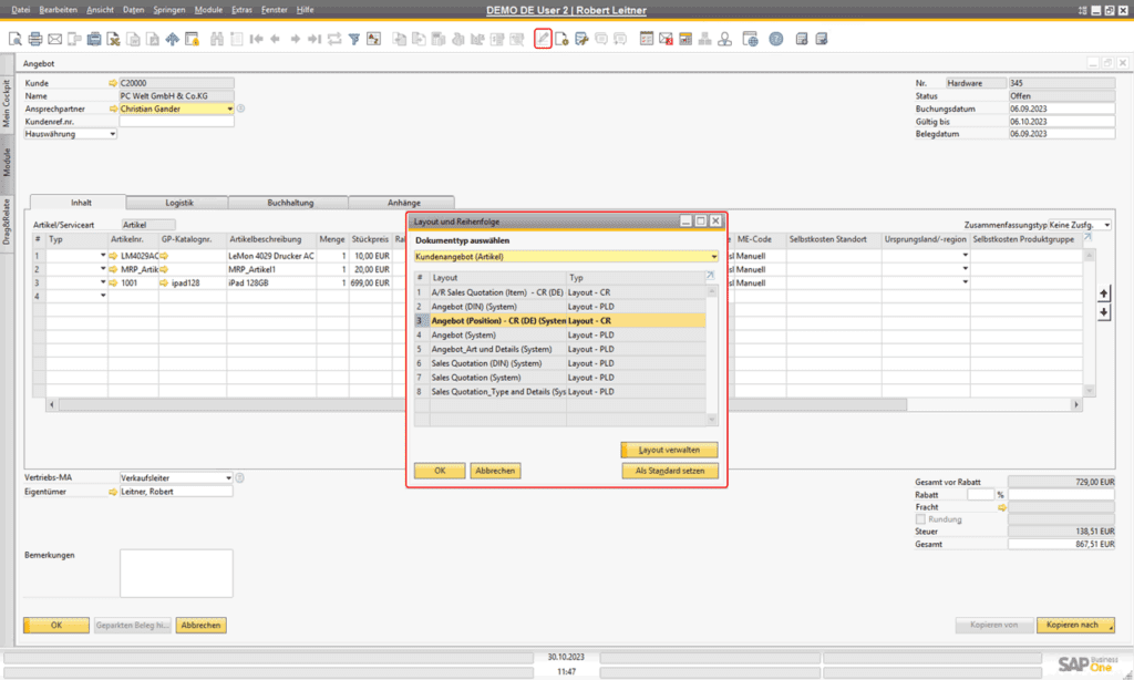 SAP Business One - Ausgabemöglichkeiten eines Belegs: Seitenvorschau Layoutdesigner