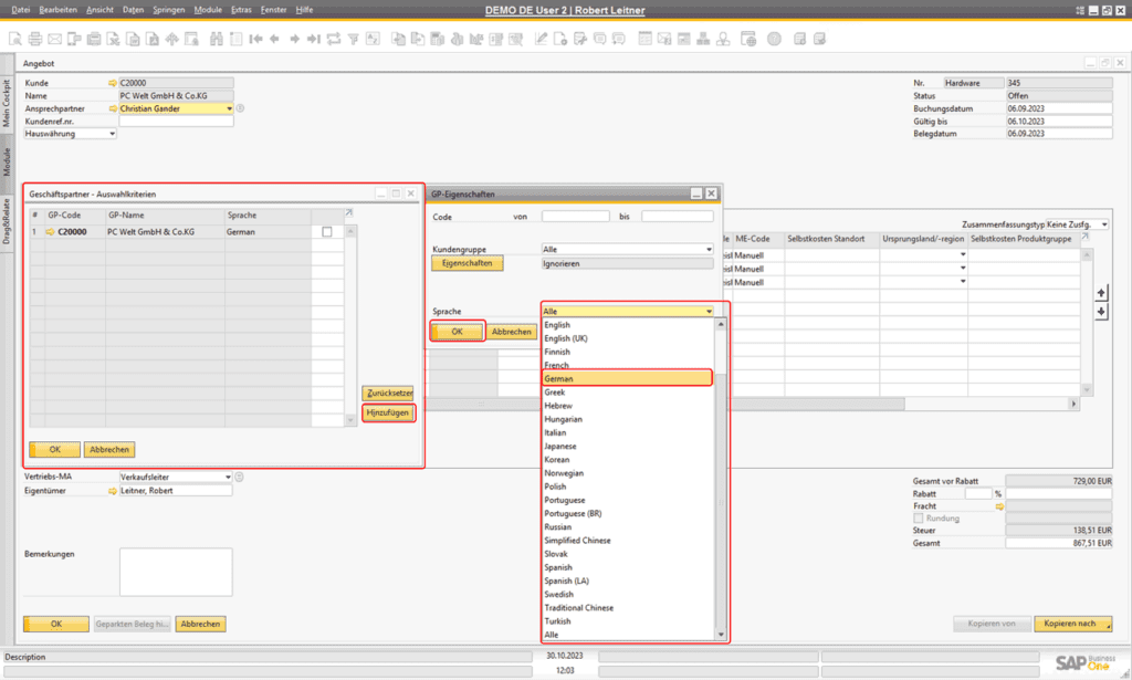 SAP Business One Layoutdesigner: Auswahl der Geschäftspartner nach Sprache
