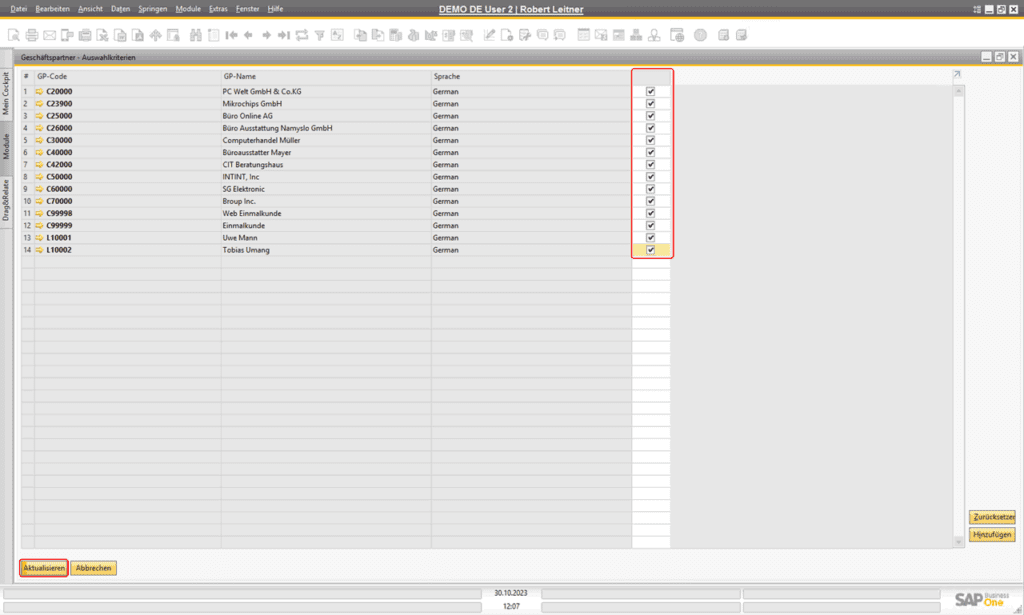 Standardlayout für Geschäftspartner aus der Auswahlliste definieren