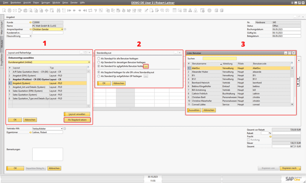 Standardlayout für Benutzer und Geschäftspartner in SAP Business One definieren