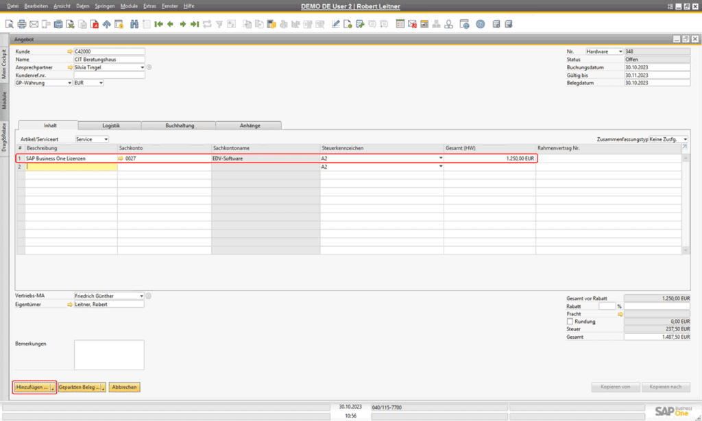 Erstellen eines Service-Angebots in SAP Business One
